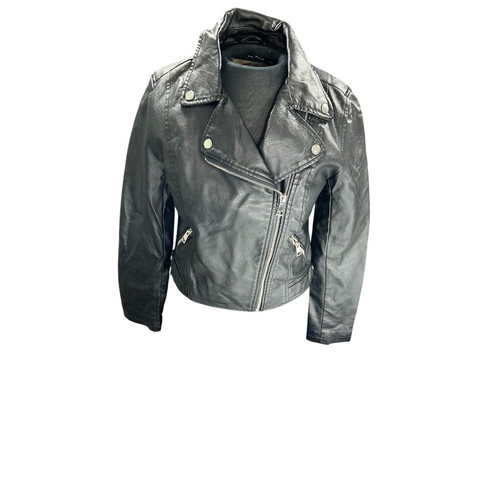 Primark Black Faux Leather Moto Jacket Womens Size 2 With Zipper Details & Silve